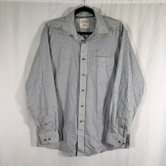 LL Bean Dress Shirt Men's Medium White Blue Button Up Long Sleeve 100% Cotton - Picture 1 of 7